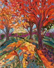 Handmade impasto forest trees fall landscape oil painting 7.8 by 11.8 inches