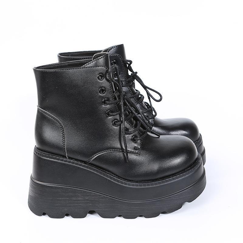 Womens High Hidden Wedge Platform Heels Ankle Boots Lace Up Casual