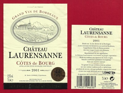 89/60 Etikett BORDEAUX Côtes de Bourg Château Lauransanne 2001 D. LEVRAUD Prop