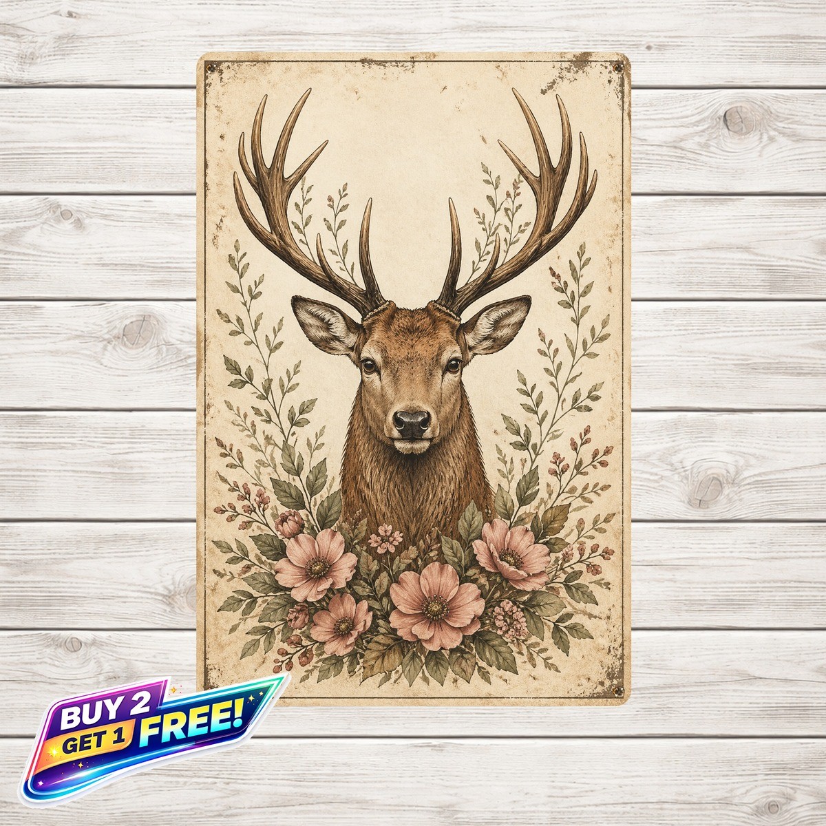 Forest Deer Illustration Tin Metal Sign Vintage Wildlife Wall Art
