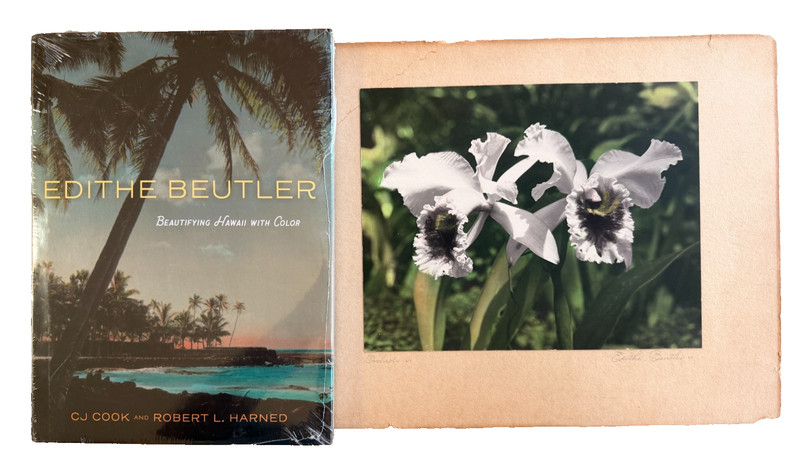 Edithe Beutler Signed Orchid Oil Colored Photo Hawaii c1940 + her book signed