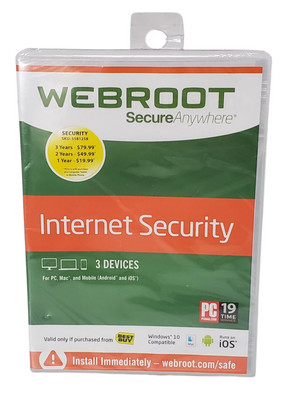 New Webroot Secure Anywhere Internet Security w/ Antivirus Windows 10, 3 Devices