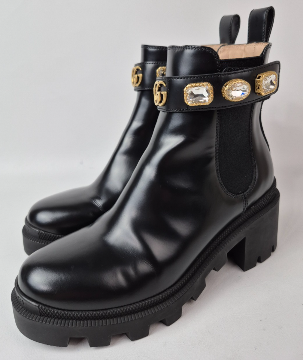 Gucci Women's Black Crystal GG Trip Embellished Chelsea Ankle Heel