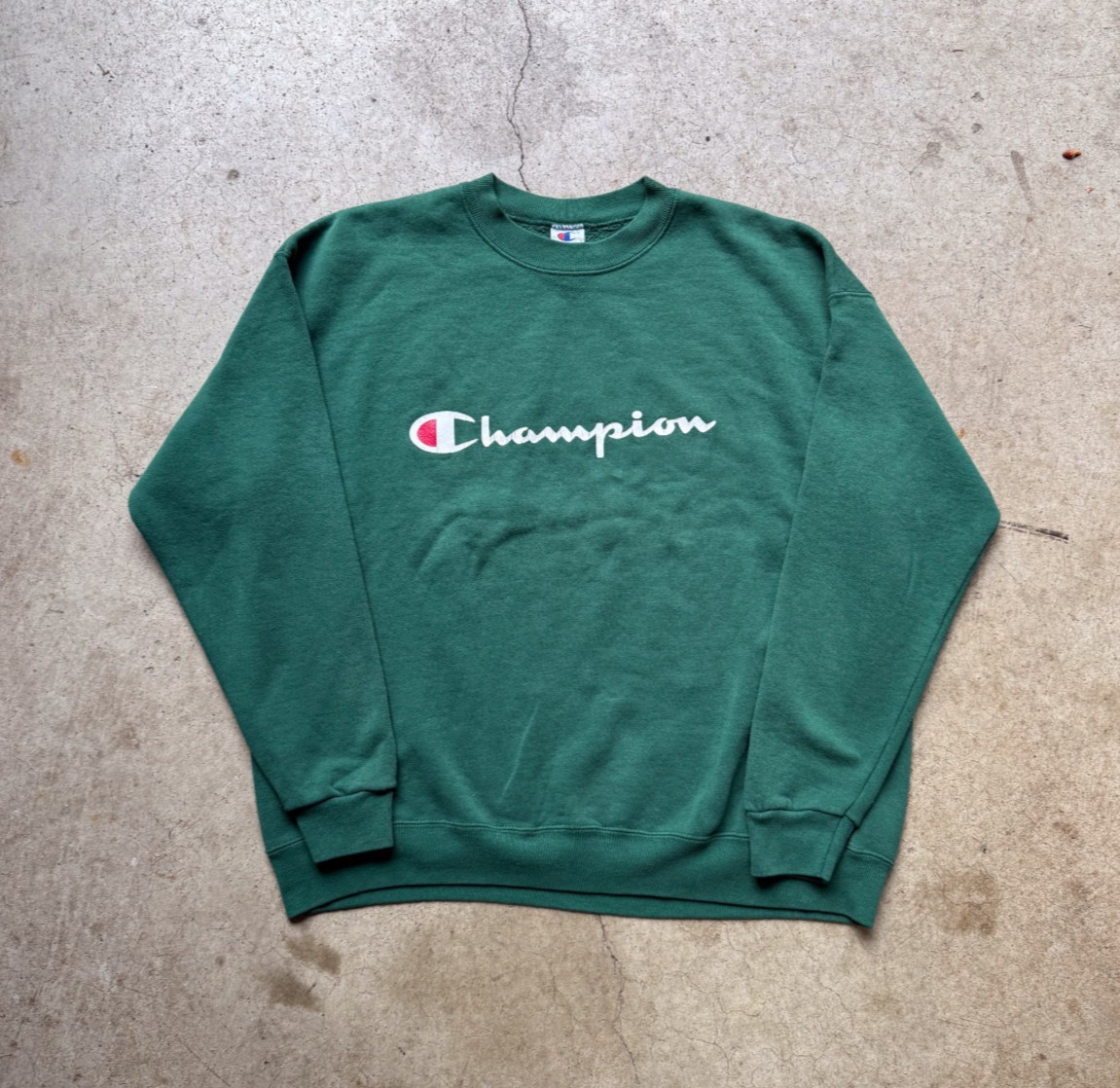 Vintage 90s Champion Crewneck Sweatshirt Green Script Logo XL Made in USA