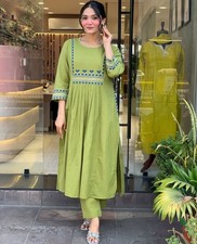 Women s Green Embroidered Kurta Set with Pants Ethnic Festive Wear S TO 3XL