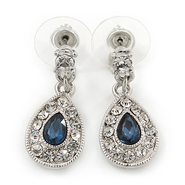 Clear/ Montana Blue CZ Teardrop Earrings In Rhodium Plating - 25mm L