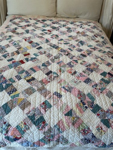 Antique 20’s Patchwork Quilt Hand Quilted Log Cabin Crazy Raw Cotton 60x75” - Picture 4 of 24