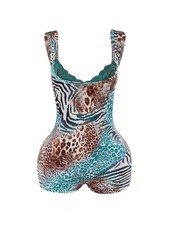WDIRARA Women's Leopard Sleeveless Bodycon Romper Lace Trim Small, Green