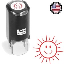 Round Rubber Self-Inking Teacher Stamp with Clear Base - Happy Sun, Red Ink