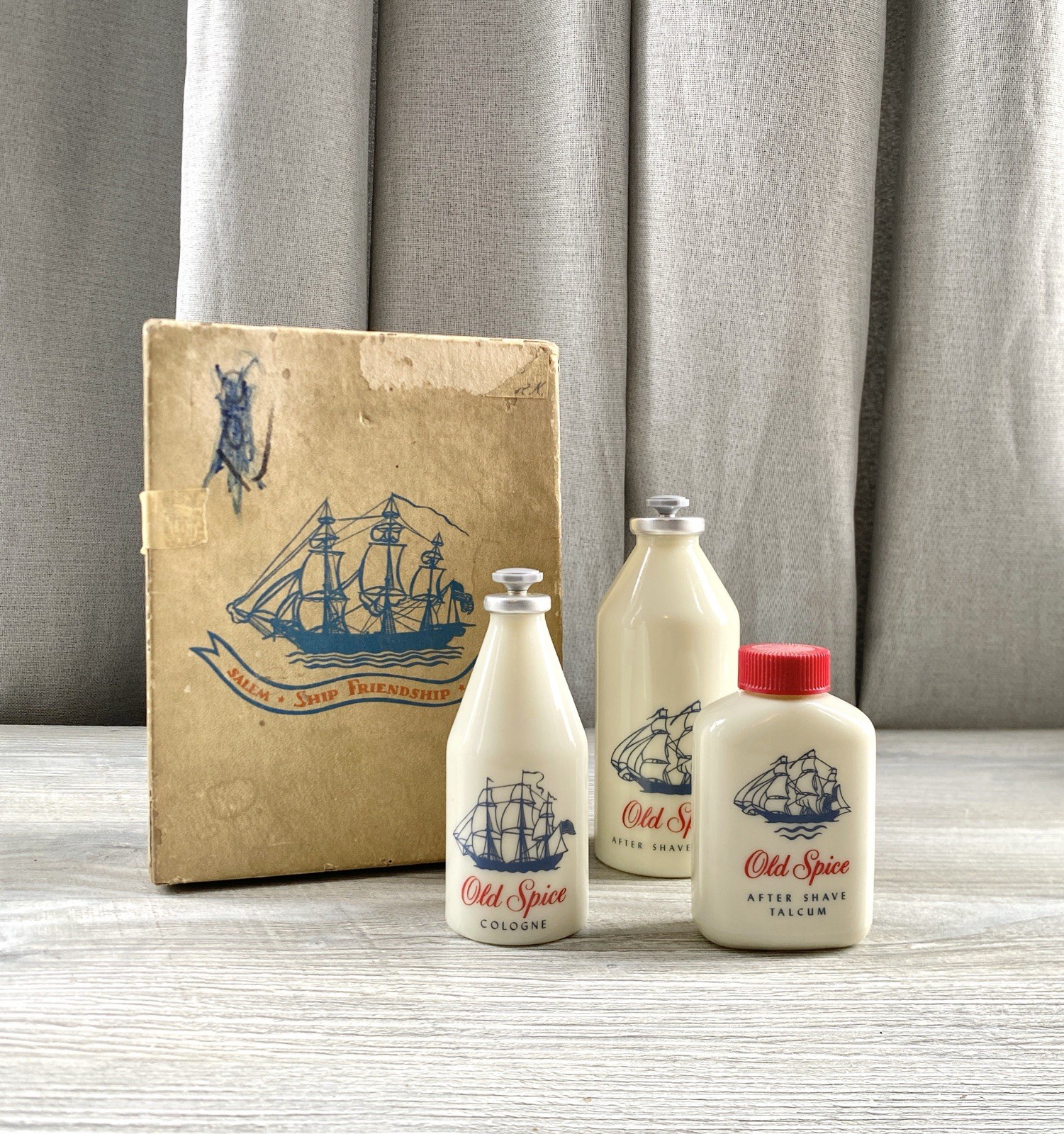 Vintage Original Old Spice 3pc Set Aftershave Lotion Talcum & Cologne Ship Box