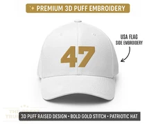47 Hat Charlie Kirk Flex Fit White Trump 47 Cap with Gold 3D Puff Embroidery
