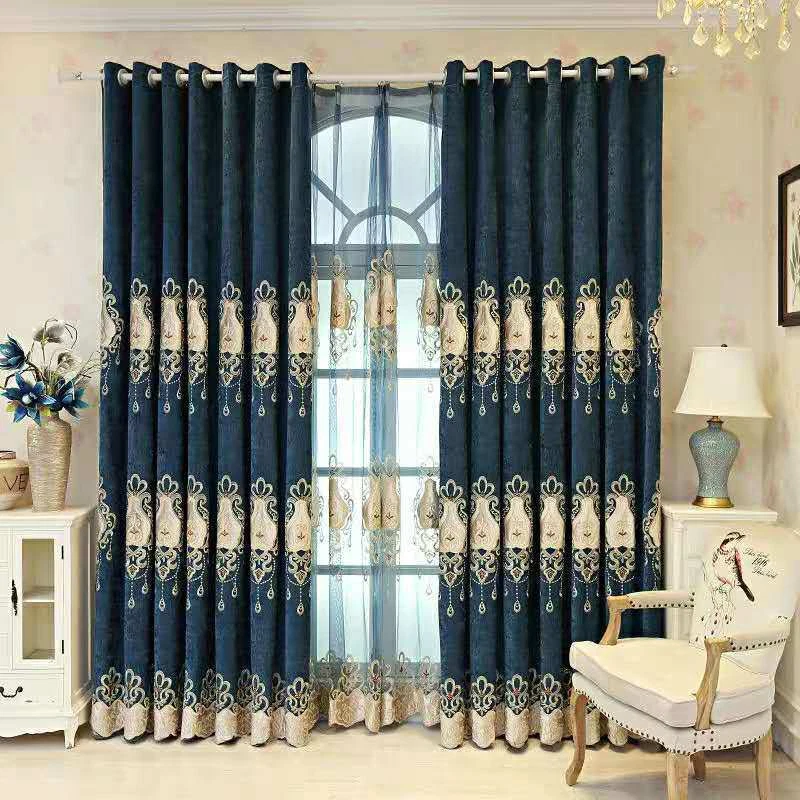 Noble Chenilla Hilo Dorado Bordado Tela Azul Cortina Cenefa Cortina C1812 Foto 2 de 4