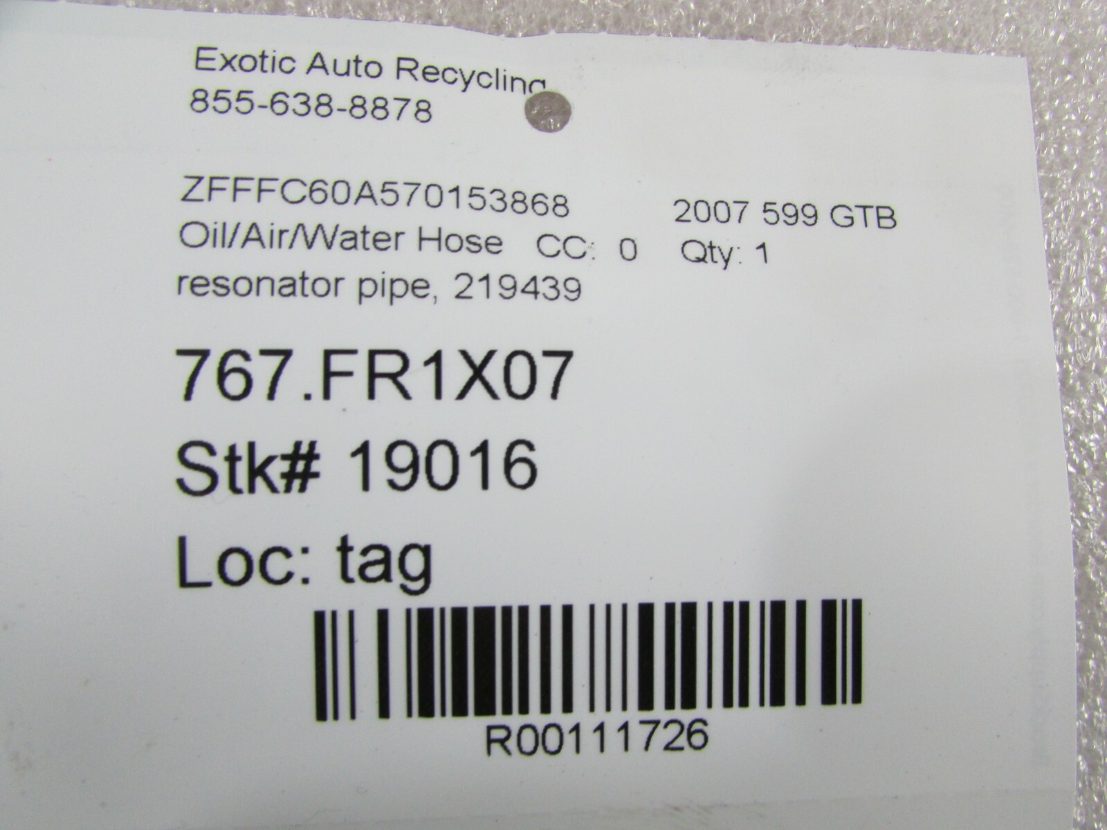 Ferrari 599 GTB, Air Box Hose, Used, P/N 219439