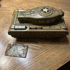 Vintage Tin Litho Battery Operated Army Tank TM Modern Toys WWII General M-56 NW