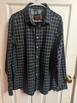 EGARA SLIM FIT NON IRON Men's LONG SLEEVE Shirt XL STRETCH NAVY GREEN PLAID  | eBay