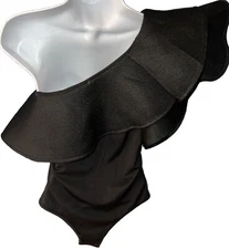 Impress By Envy Vintage Boutique  Black Bodysuit One Shoulder Puff Sleeve M  NWT
