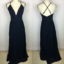 Lulus Maxi Dress Sz S Womans Navy Blue Deep V-Neck Spaghetti Cross Back Pleated