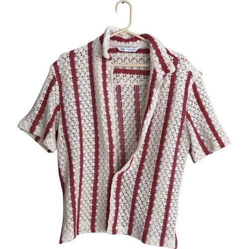 Zara Mens Button Up Shirt White Red M Striped Short Sleeve Crochet 6085/380 NWOT