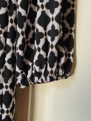 Laundry By Design Sz M Print 3/4 Sleeves Shift Dress Blk Wt Gold Nabi Arabesque