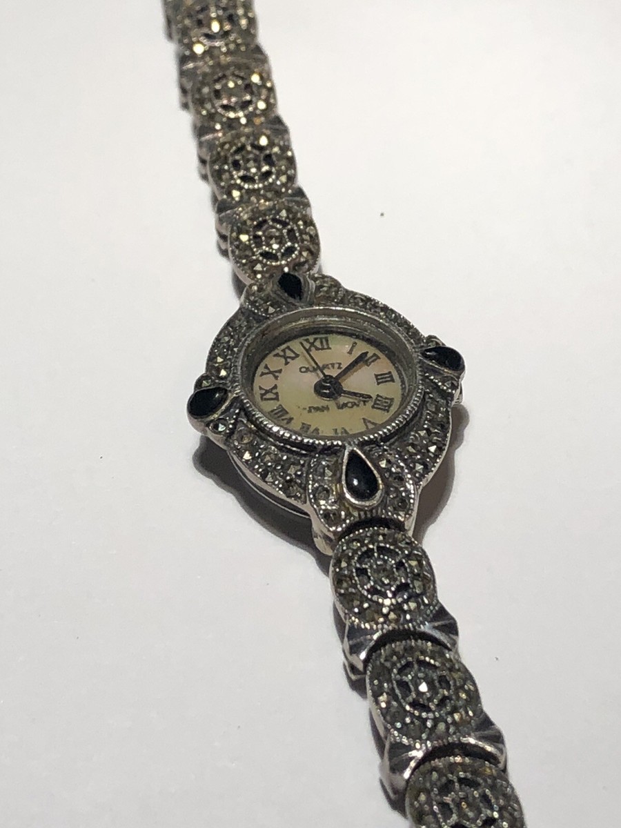 Vintage Sterling Silver 925 Marcasite Onyx Ladies Watch | eBay display picture 1