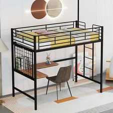 Loft Bed w/ L Shaped Desk & Metal Grid, Space Saving Bed w/Ladder, Noise Free