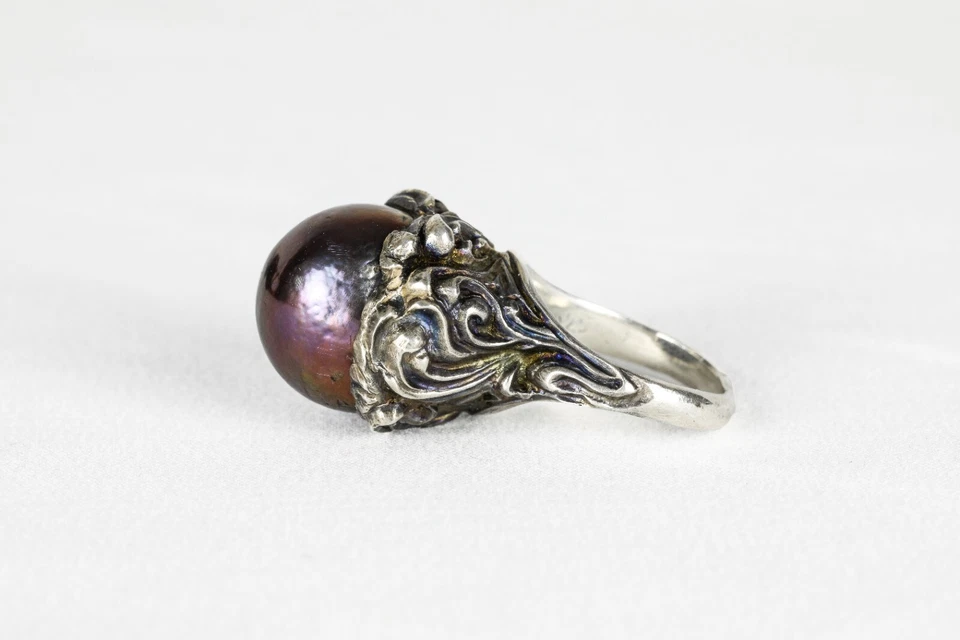 925 Silver Ring with Black Baroque Pearl, Art Nouveau Style, Handcrafted - Image 2 of 4