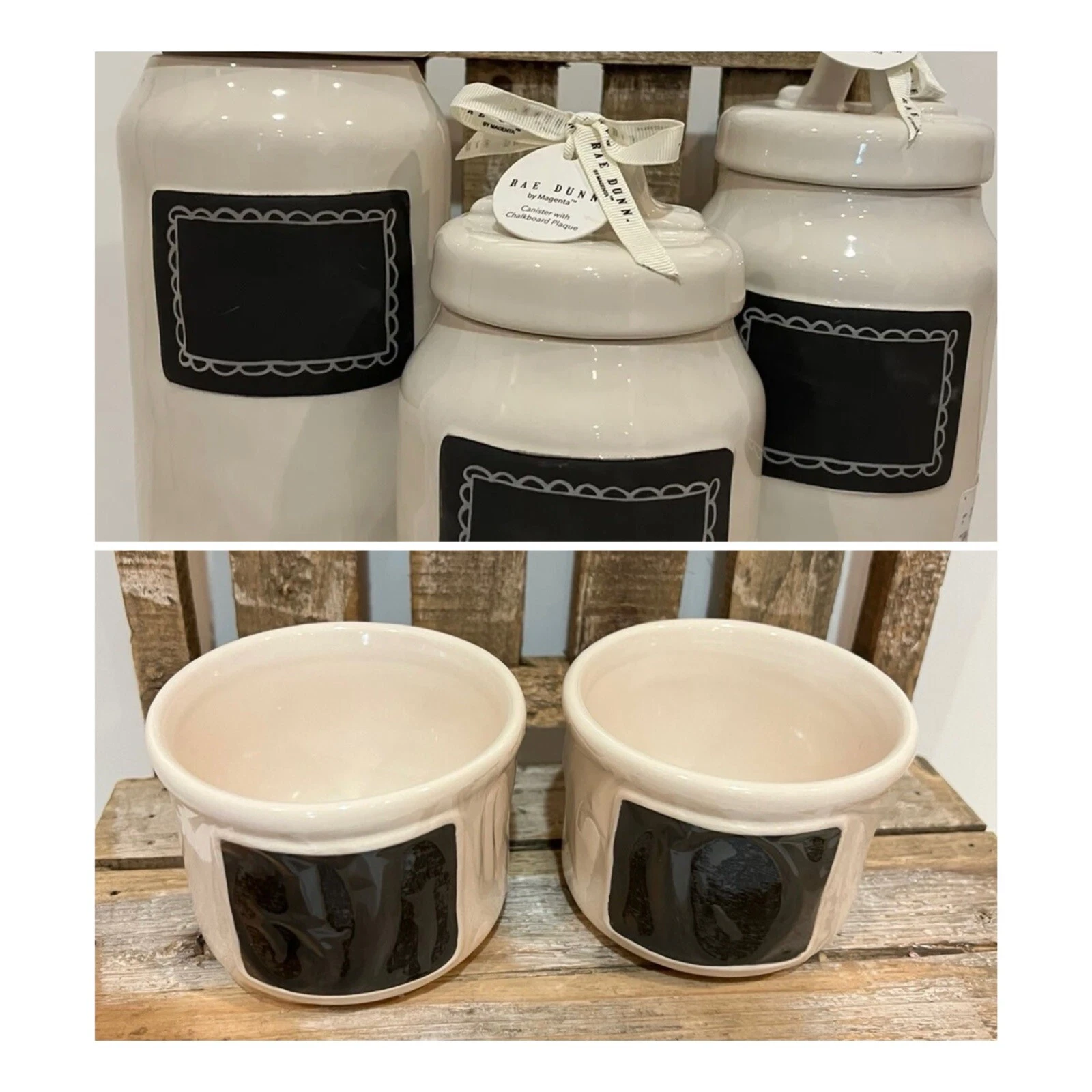 NEW Rae Dunn Set Of 3 “Take Note” Chalkboard Canisters And Set Of 2 Ramekins