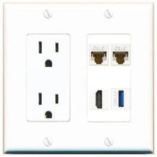 2 CAT6 HD USB-3 Port Wall Plate w/Power Outlet White