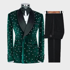 Velvet Men Suits Beaded Jacket Wedding Groom Blazer Green Shawl Lapel Tuxedos
