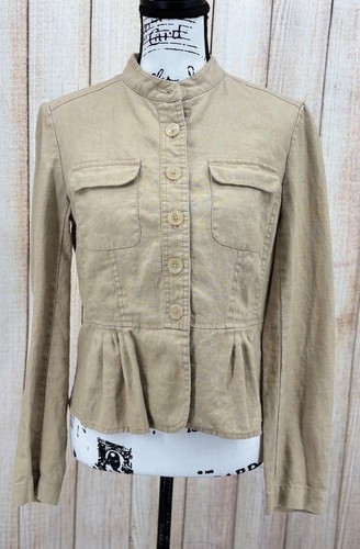 Michael Kors Women’s Size 10 Tan Linen Frayed Trim Mandarin Collar Jacket