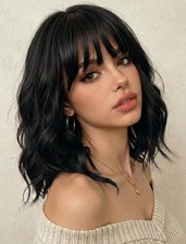 Short Black Wavy Bob Wig with Bangs for Women Shoulder Length Synthetic Bob 16''