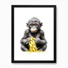 Baby Gorilla Art With Bananas Water Framed Wall Art Poster Canvas Print Picture
