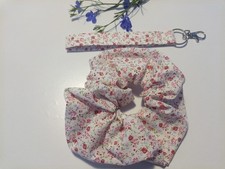 Pink Floral Scrunchie And Key Ring Set,  Large Scrunchie And 6" Key Fob