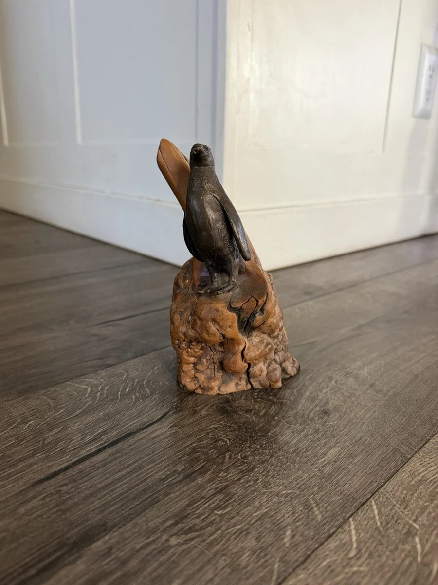 Metal Penguin On Burl Wood Natural Root Abstract Brutalist Sculpture