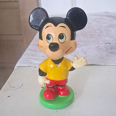 Disney Mickey Mouse Figurine Yellow Shirt Red Pants Green Base 4'' Bobble Head