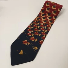 Vintage Boxelder M.C. Escher Art Fish & Boats Red Blue Beige 100% Silk Tie Italy