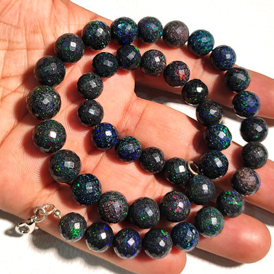 9-11mm Australian Matrix Black Fire Opal Faceted Round Beads 16'' Necklace