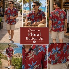 Pierre Cardin Mens Red Tropical Floral Rayon Short Sleeve Button Down Shirt M