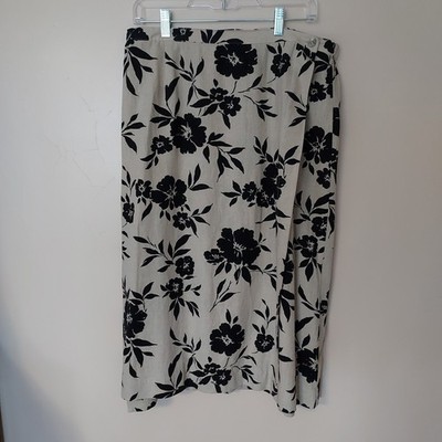 Vtg Jaclyn Smith Classic Floral Wrap Midi Maxi Skirt Black Tan Linen Rayon XL
