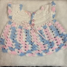 VTG Crocheted Variegated Blue Pink White Baby Girl Dress Handmade