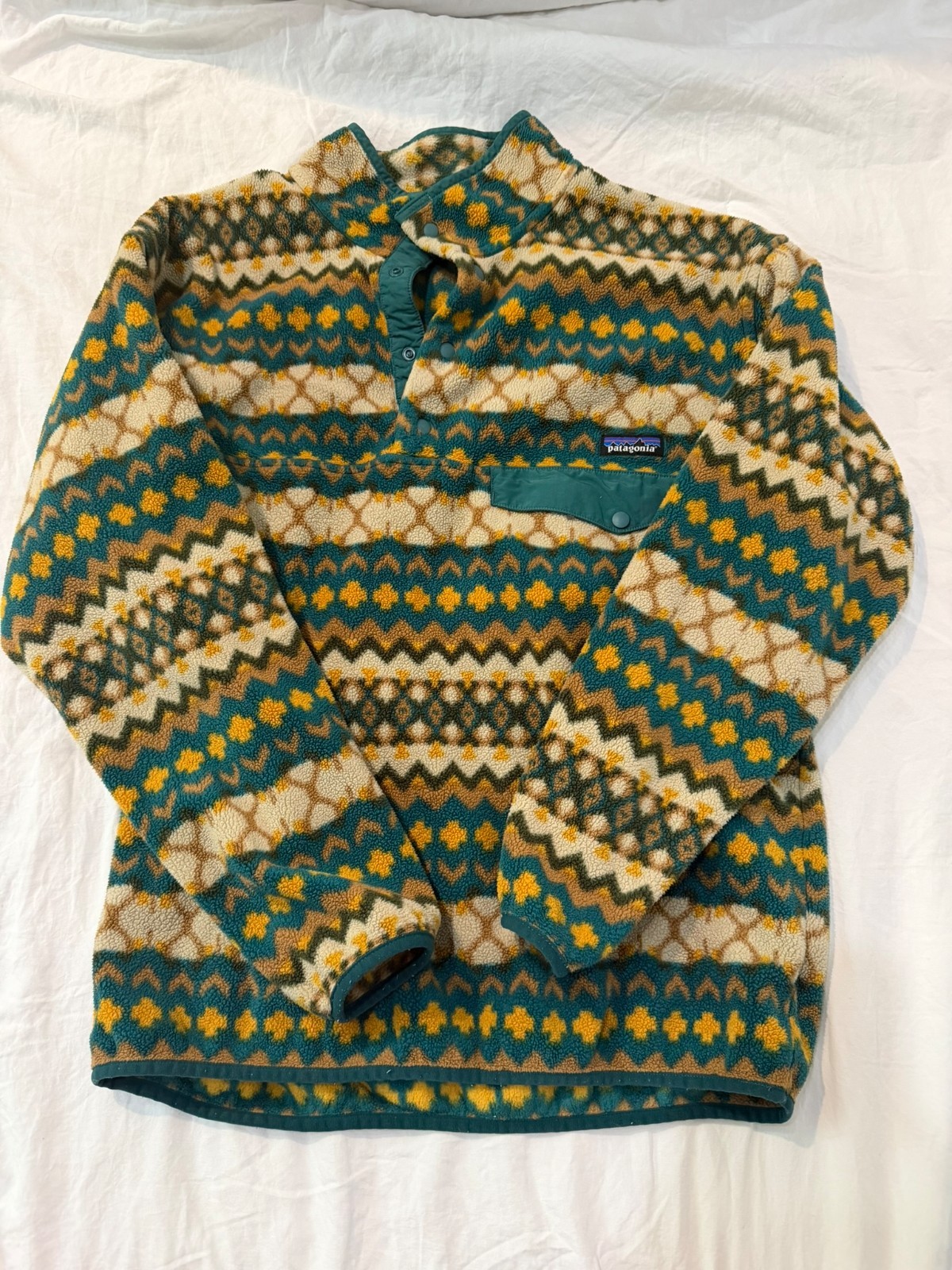 Patagonia Synchilla Snap-T Pullover Fleece Mens L Green Gold Geometric Print