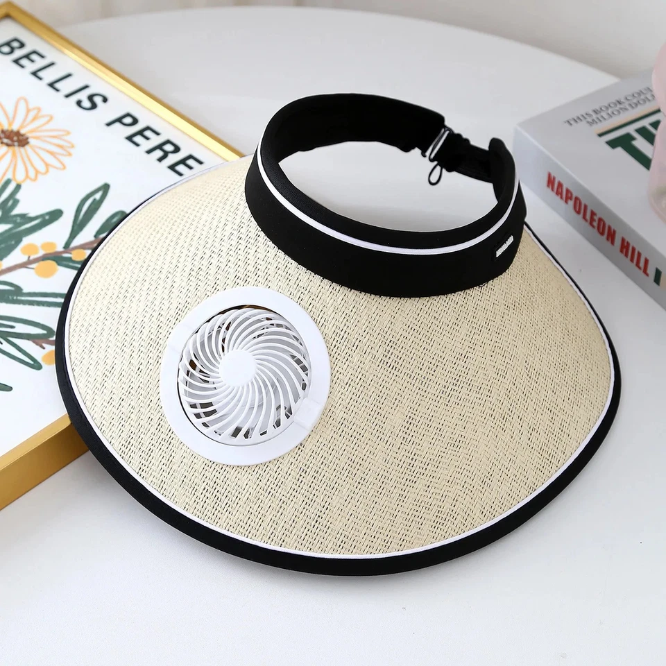 Wide Brim Sun Hat With Built-in Fan Cap Straw Visor Hat WithUSB Powered Fan New - Image 2 of 4