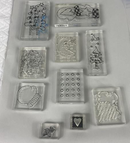 Holiday Rubber Stamp Lot Trees Mittens Moon Stars Angel Heart Pinecone Winter Cr