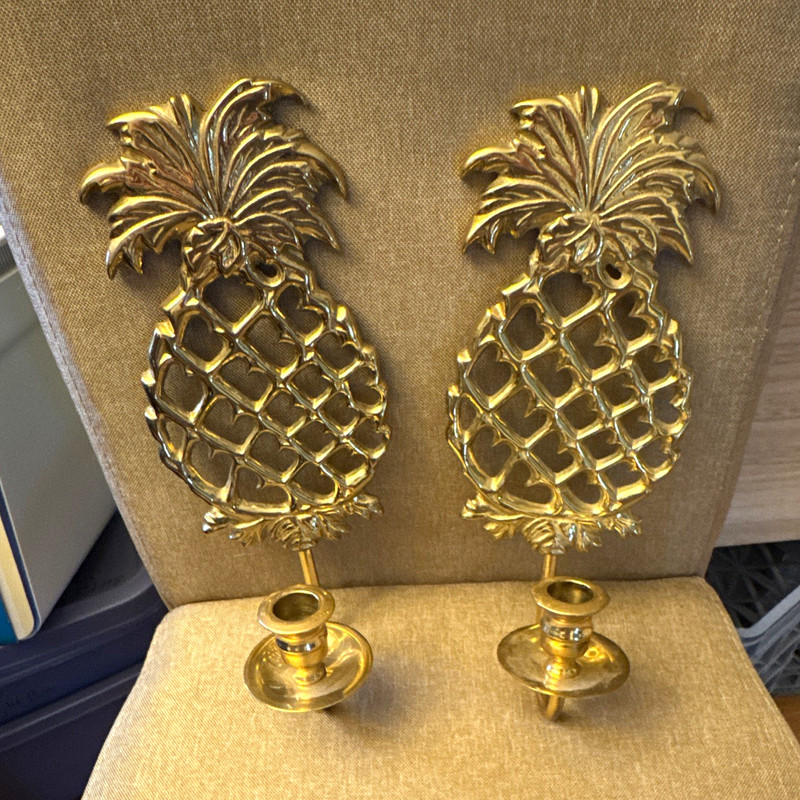 Virginia Metalcrafters 2000 Solid Brass Pineapple Wall Candle Sconces Pair