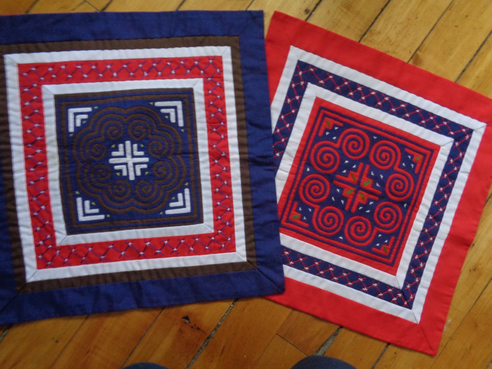 Hmong reverse applique pillow tops, set of 2, red/white/blue