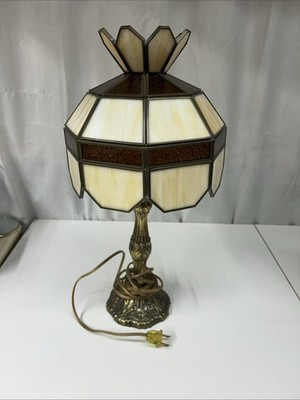 VTG Leviton Tiffany Style Slag Glass Amber Tan Lamp Brass Ornate