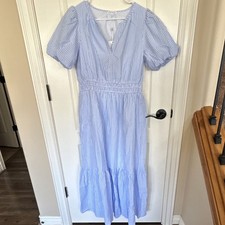 Mary Square Blue White Striped Sundress V-Neck Puff Sleeve Midi Pockets Size L