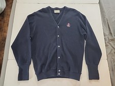 1980s Vintage IZOD Navy Blue Hand Knit Button Up Cardigan Mens Large USA Made