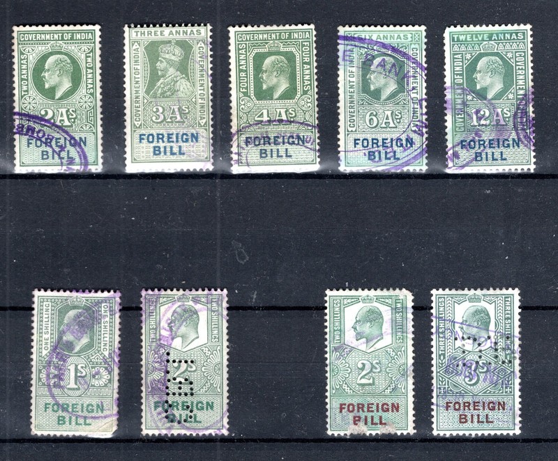 Great Britain & India Foreign Bill Revenues - 9 Stamps