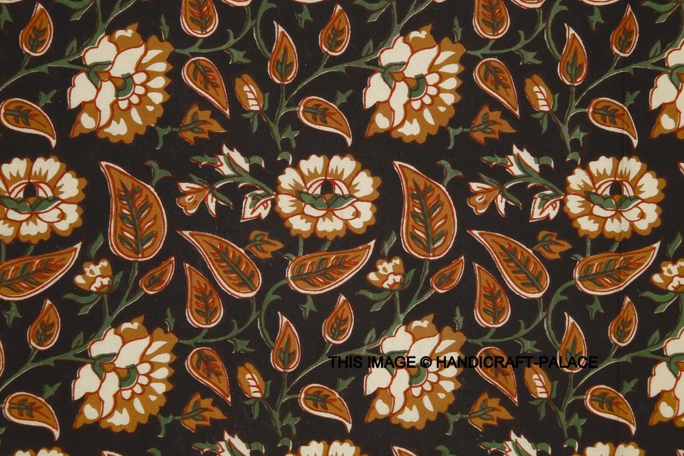 Indian Cotton Running 25 Yard Black Floral Fabric Hand Block Print Printed Loose - Image 3 of 4